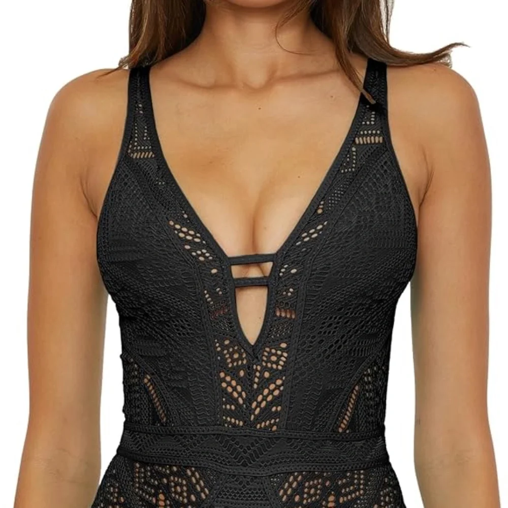 BECCA Color Play One Piece Swimsuit, Plunge Neck, Crochet, Bathing Suits black - Picture 2 of 10
